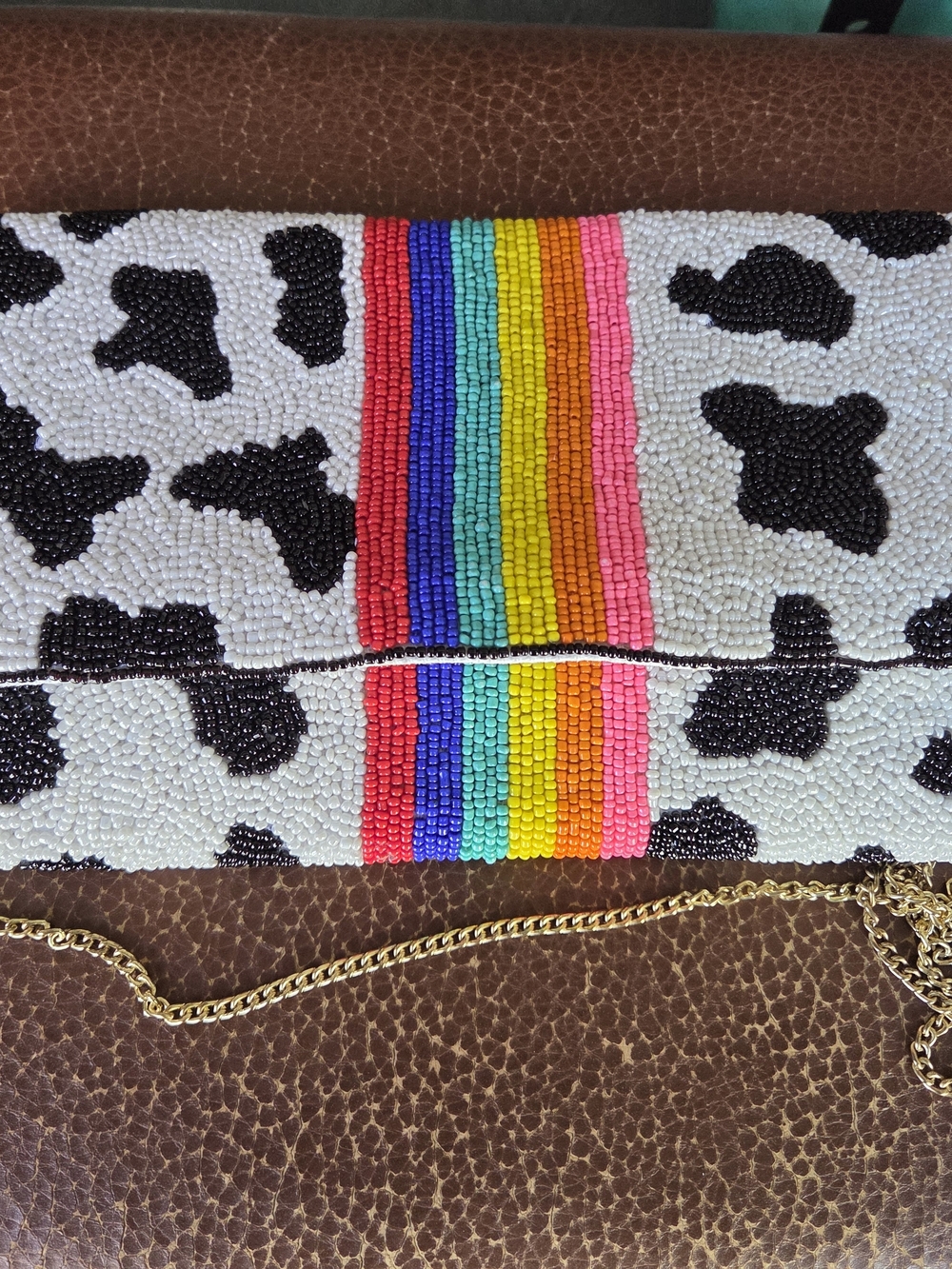 Source Unknown Beaded Cow Print Clutch with Rainbow Stripe